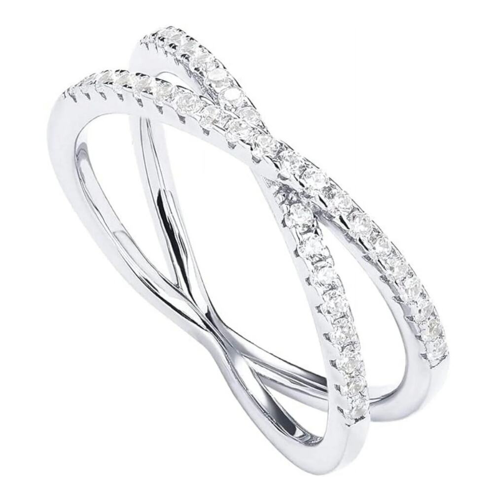 PAVOI 14k white gold Plated X Ring Simulated Diamond Criss Cross Women sz 7.5